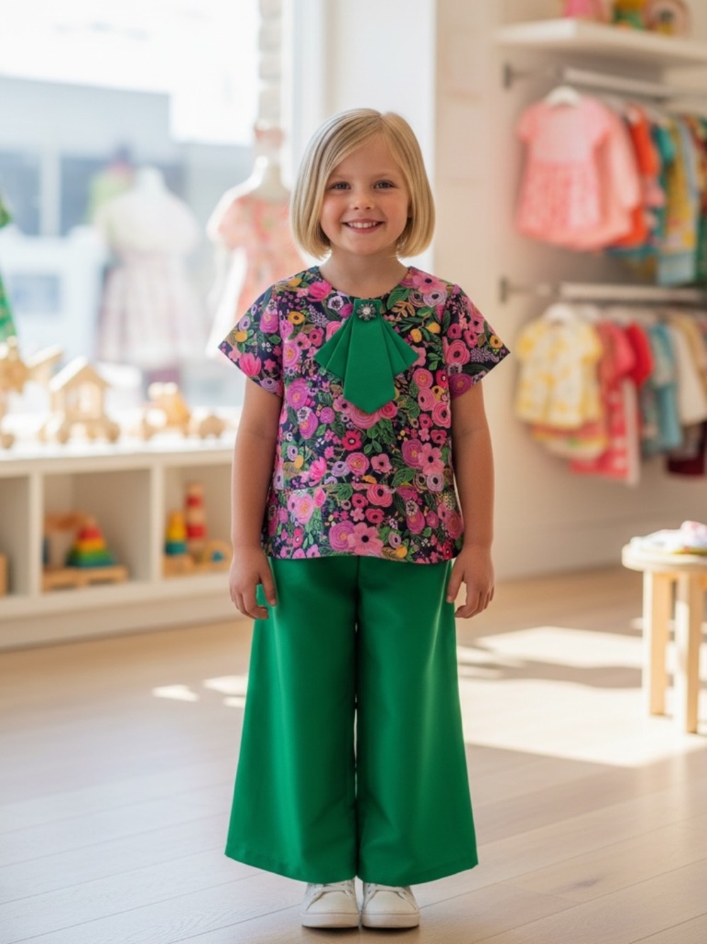 Mama luma girls boutique Green Floral Peplum Top with Matching Wide-Leg Pants